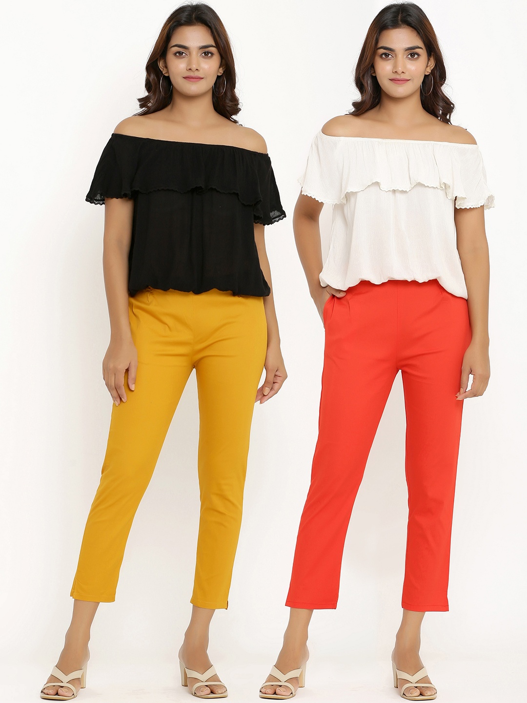 

ANAISA Women Pack of 2 Mustard Yellow & Red Slim Fit Trousers