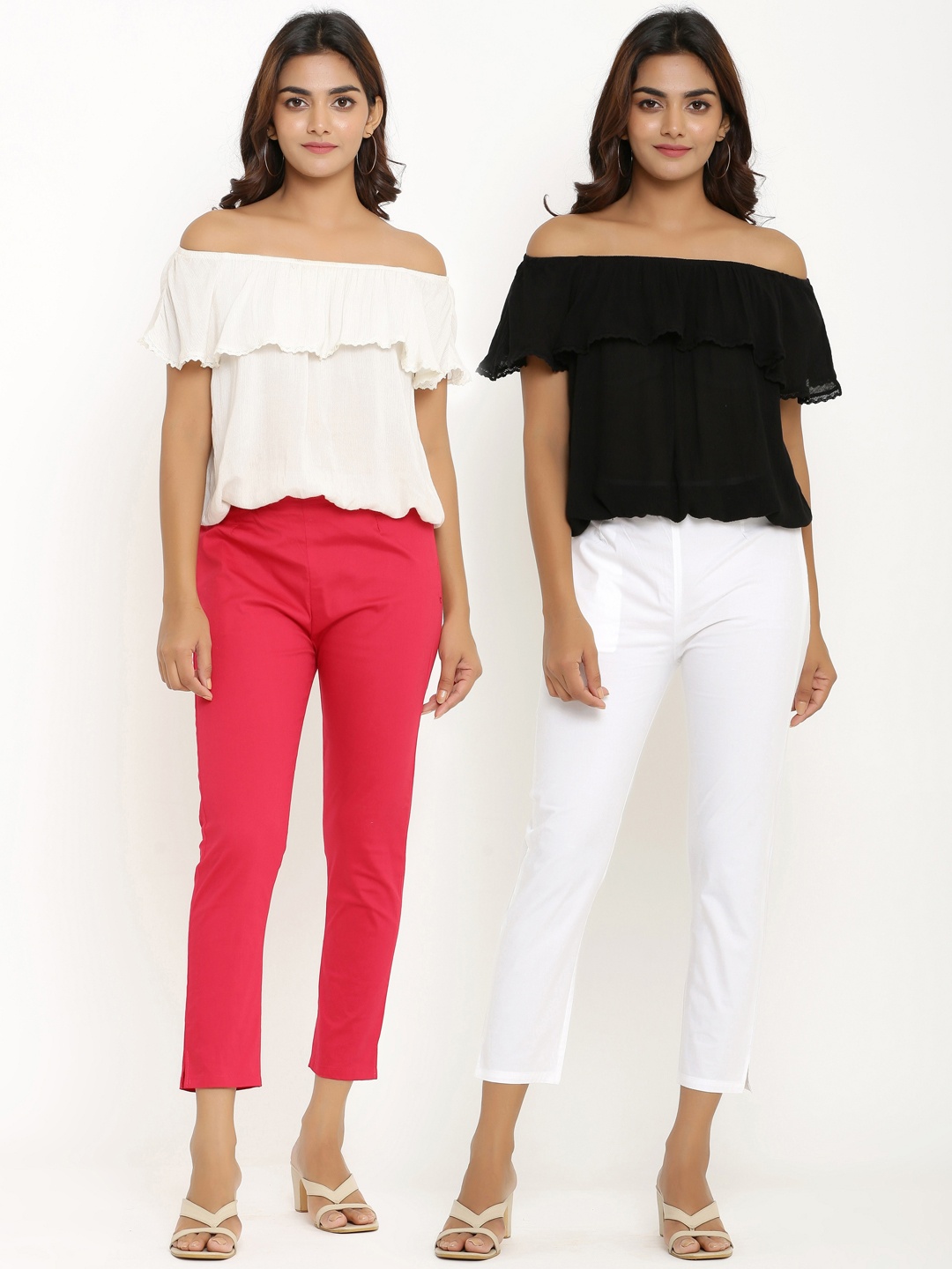 

ANAISA Women Pack of 2 Pink & White Slim Fit Trousers