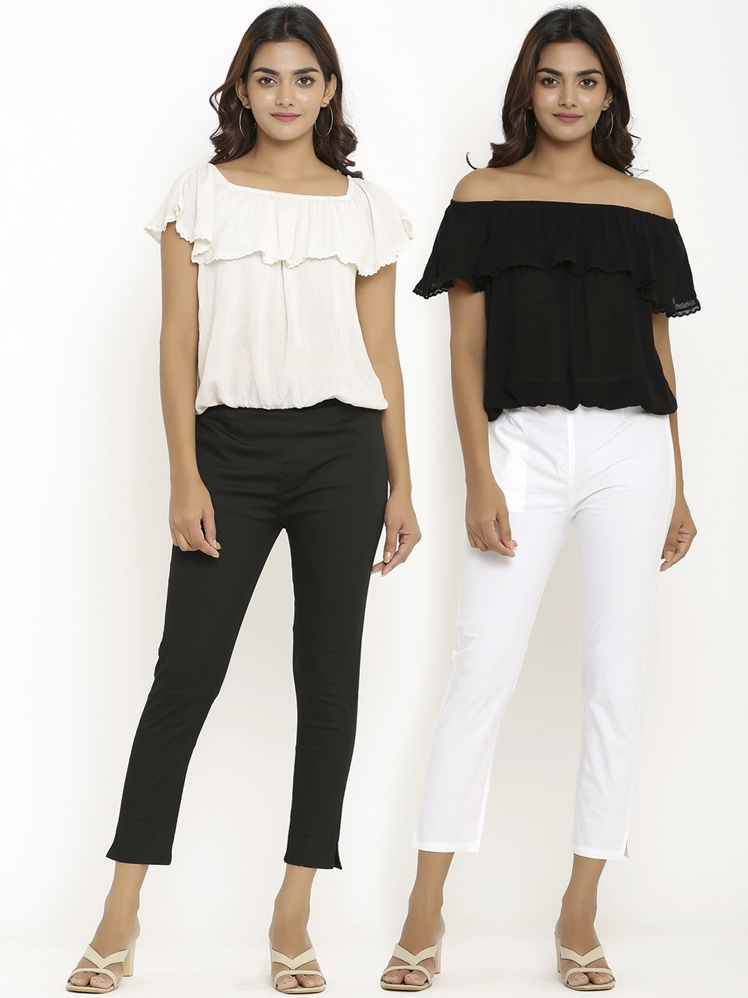 

ANAISA Women Pack of 2 Black & White Slim Fit Trousers