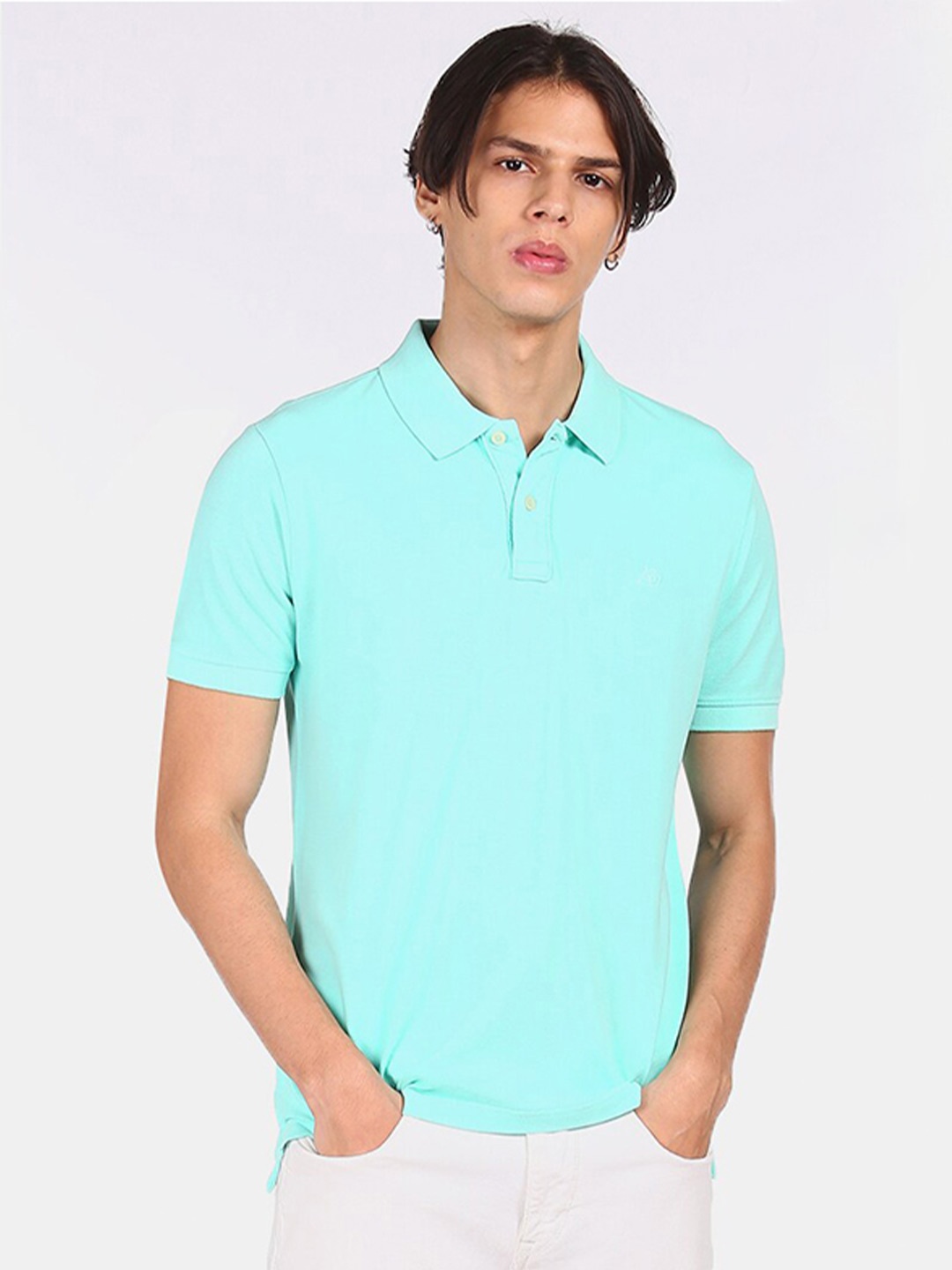 

Aeropostale Men Sea Green Polo Collar Pure Cotton T-shirt