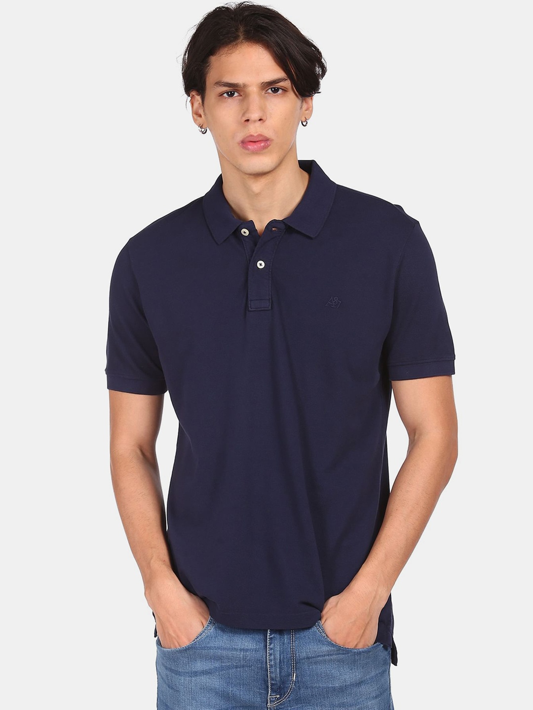 

Aeropostale Men Navy Blue Polo Collar Pure Cotton T-shirt