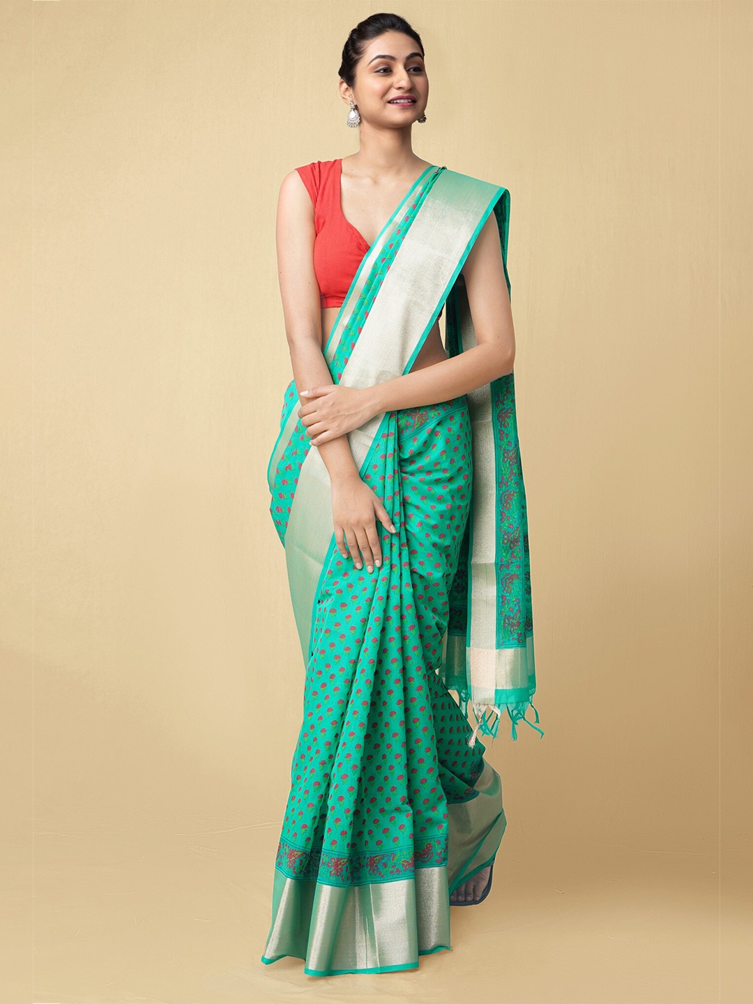 

Unnati Silks Women Green & Pink Pure Vrinda Chanderi Sico Sustainable Saree