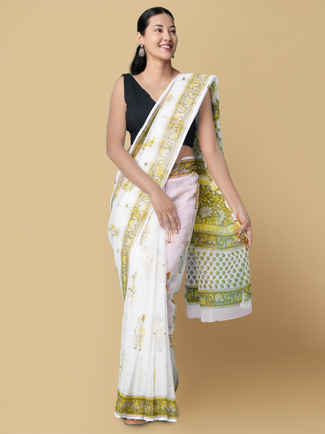 

Unnati Silks Women Cream-Coloured & Green Pure Hand Block Printed Kota Cotton Sustainable Saree