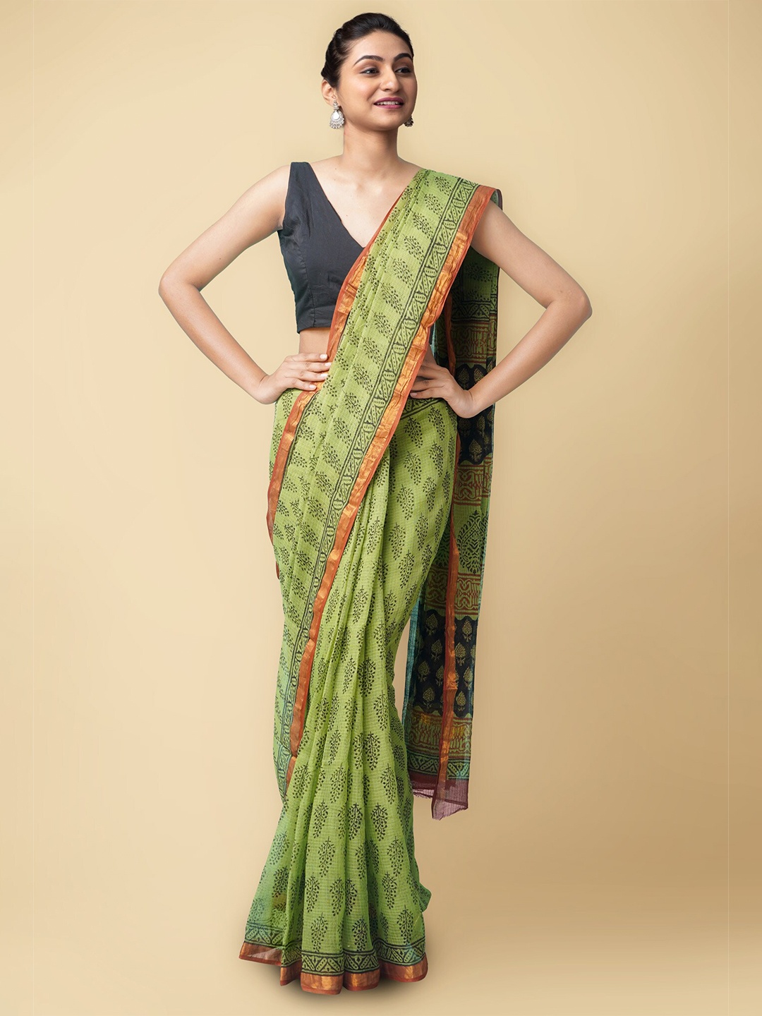 

Unnati Silks Women Green & Black Pure Preet Bagru Kota Cotton Sustainable Saree