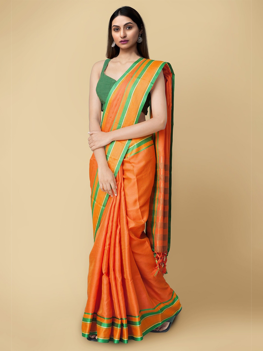

Unnati Silks Women Orange & Green Fancy Art Silk Saree