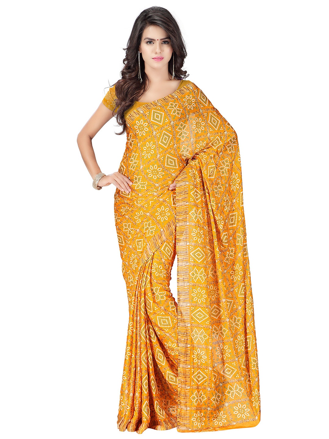 

MOKSHA DESIGNS Yellow & White Bandhani Pure Crepe Bandhani Saree