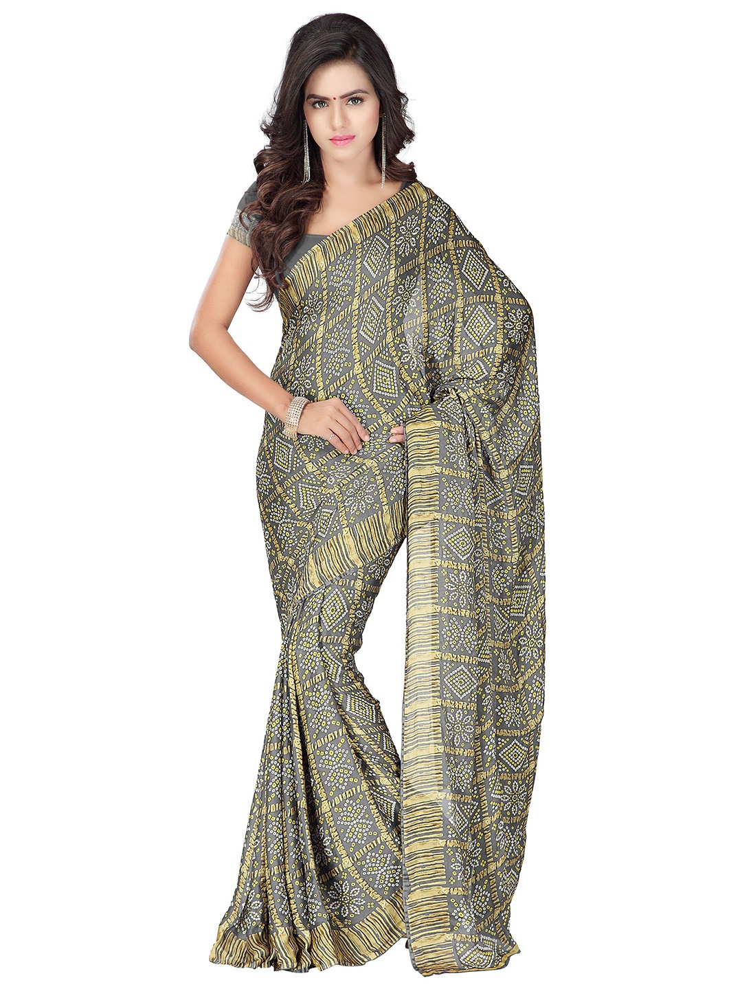 

MOKSHA DESIGNS Grey & White Bandhani Pure Crepe Bandhani Saree