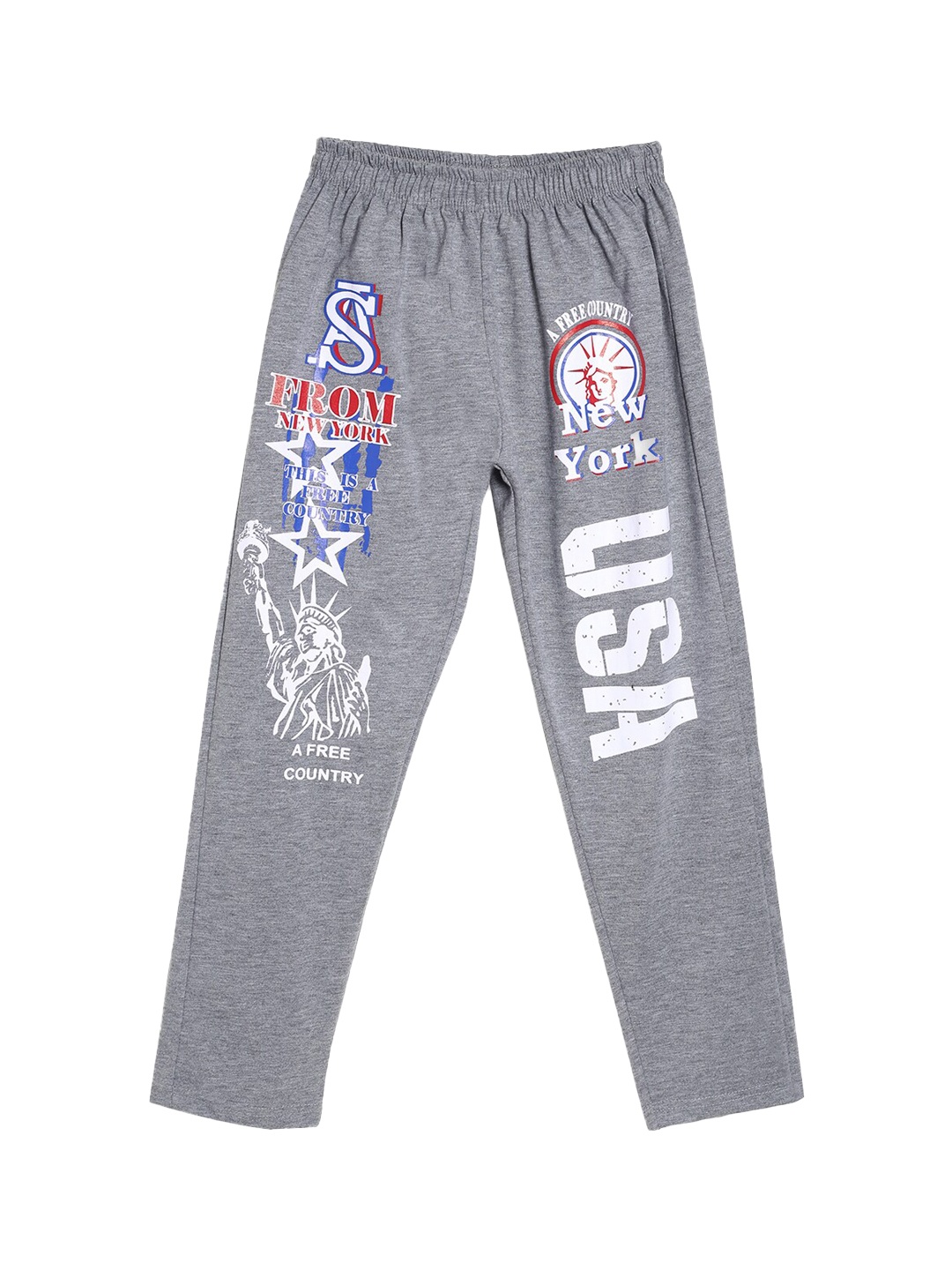 

SWEET ANGEL Girls Grey Melange & Blue Graphic Printed Pure Cotton Straight-Fit Track Pants