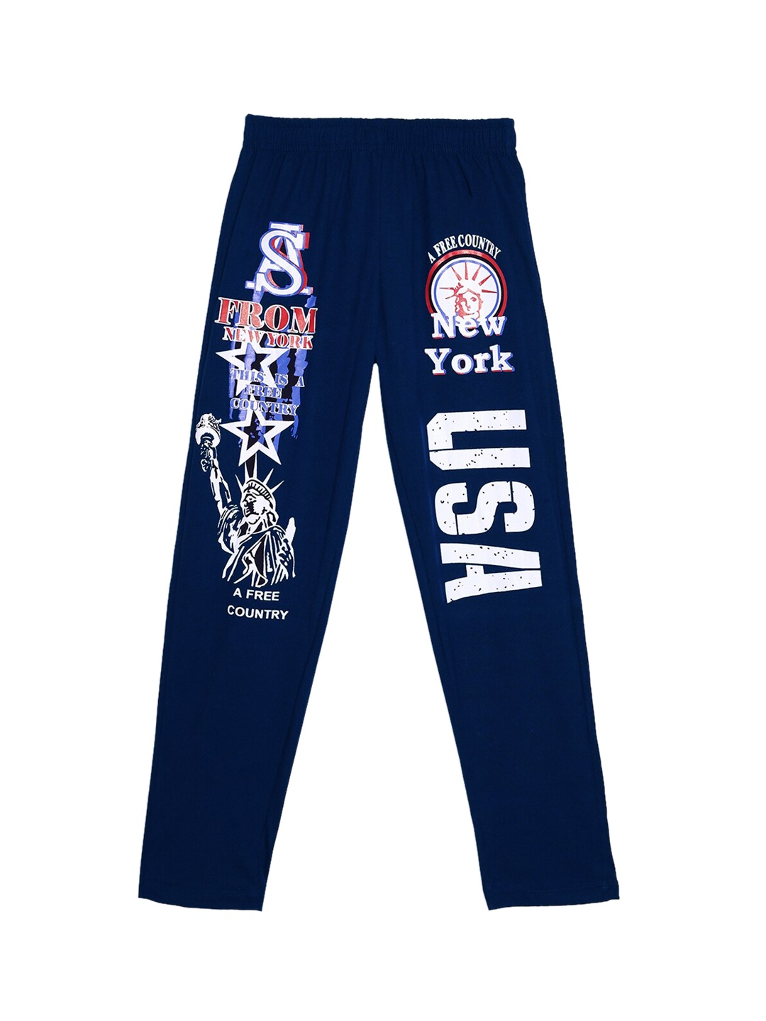 

SWEET ANGEL Girls Navy Blue & White Printed Straight-Fit Pure Cotton Track Pants