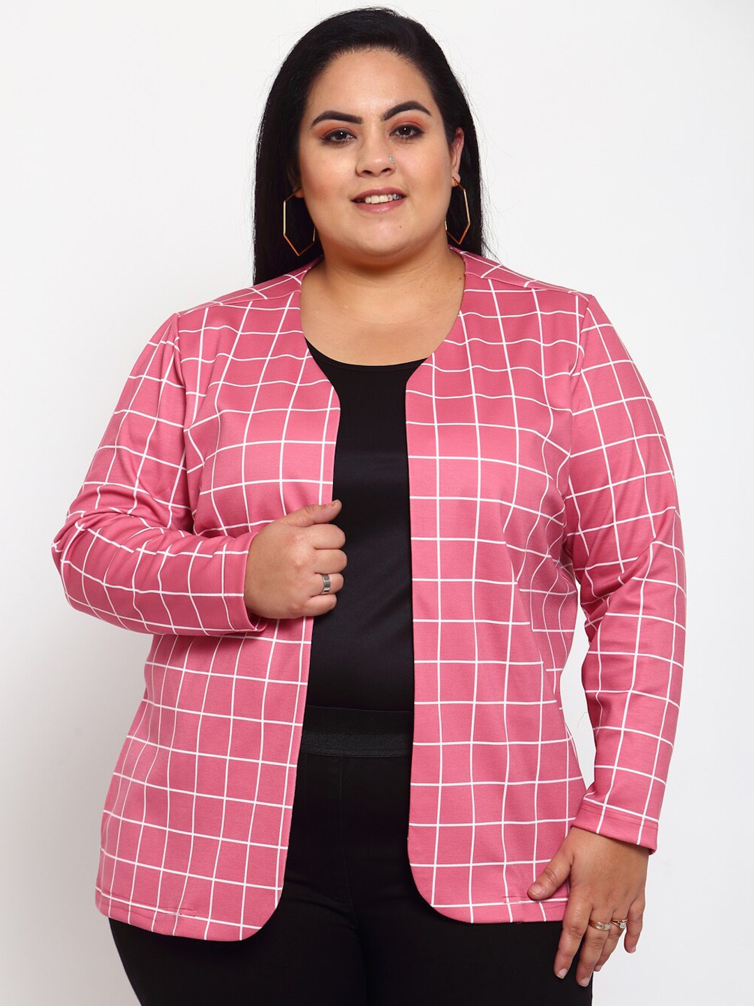 

plusS Women Pink & White Checked Open Front Jacket