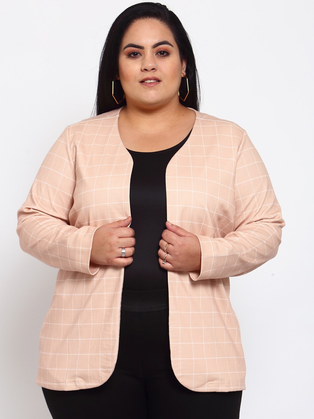 

plusS Women Beige Checked Longline Tailored Jacket with Embroidered