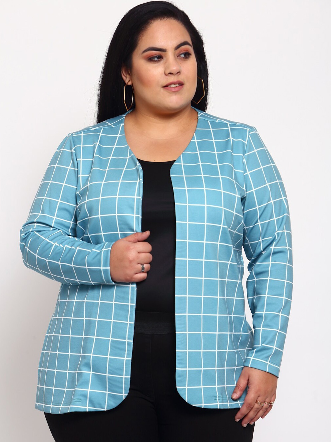 

plusS Women Sea Green White Checked Open Front Jacket