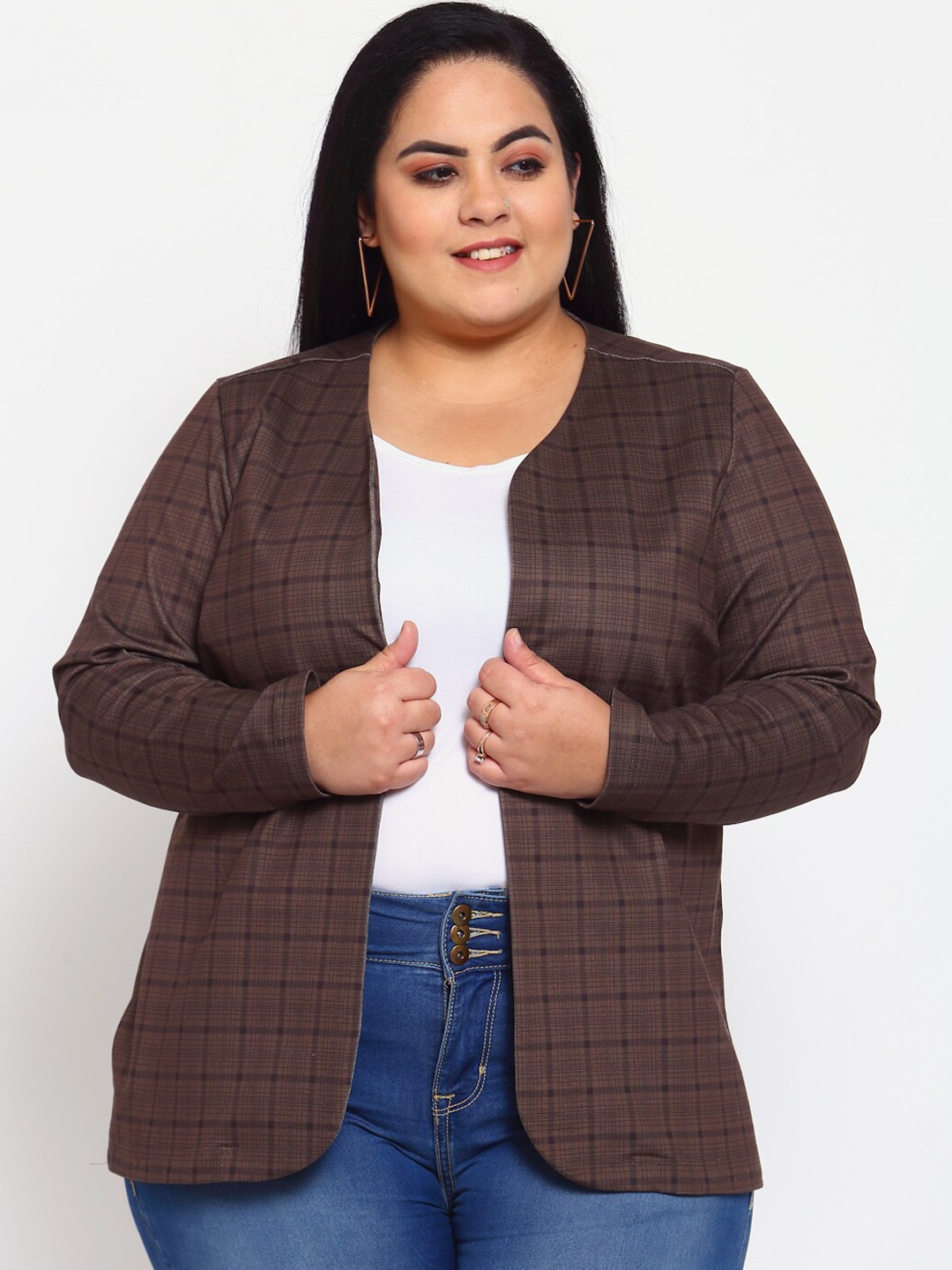 

plusS Women Brown Checked Open Front Jacket