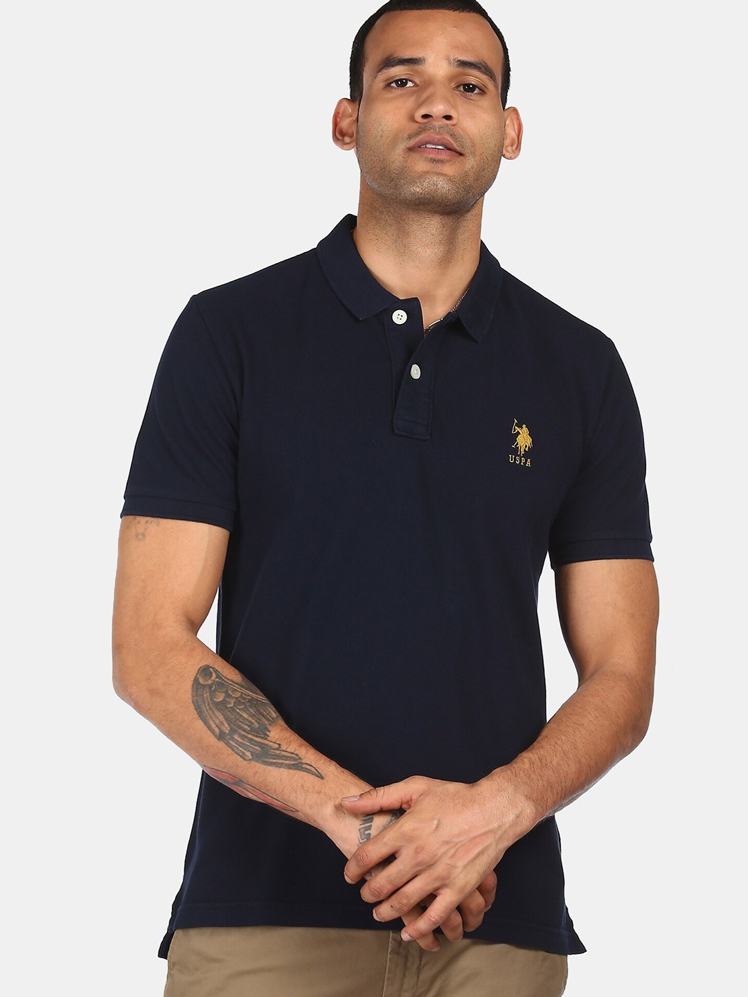 

U S Polo Assn Men Navy Blue Polo Collar Pure Cotton T-shirt