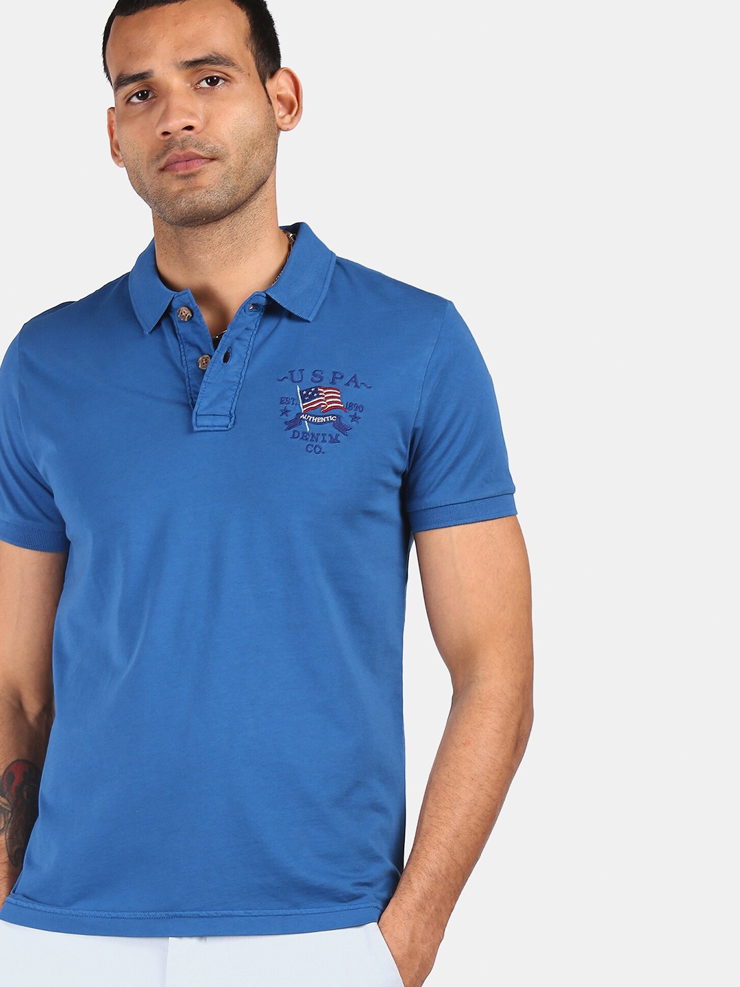 

U.S. Polo Assn. Denim Co. Men Blue Polo Collar Pure Cotton T-shirt