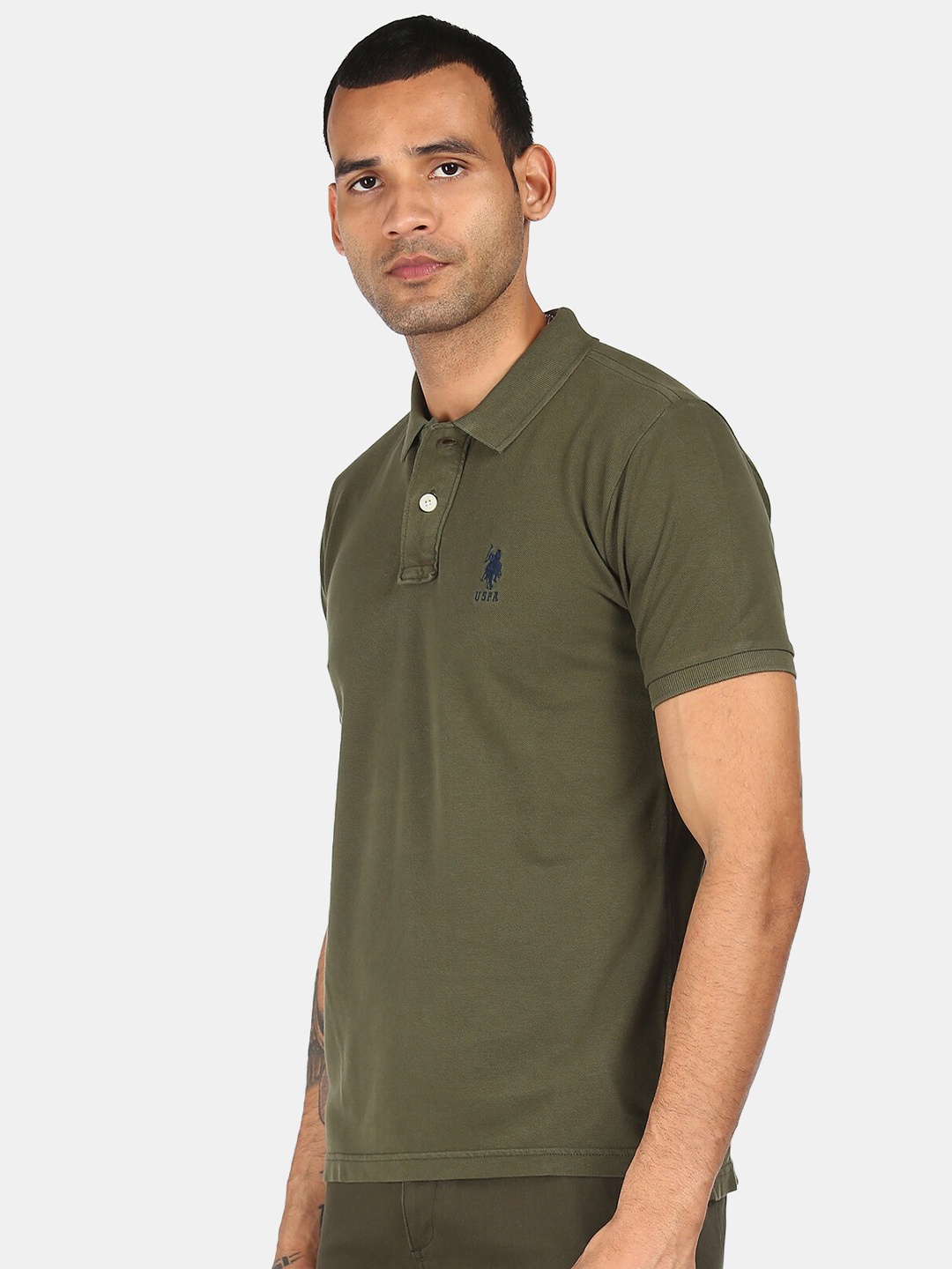 

U S Polo Assn Men Green Polo Collar Pure Cotton T-shirt