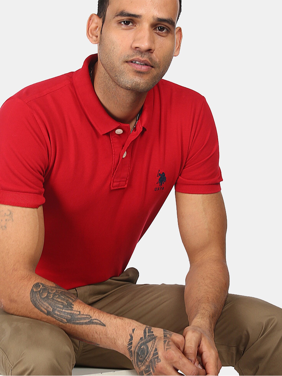 

U S Polo Assn Men Red Polo Collar Pure Cotton T-shirt