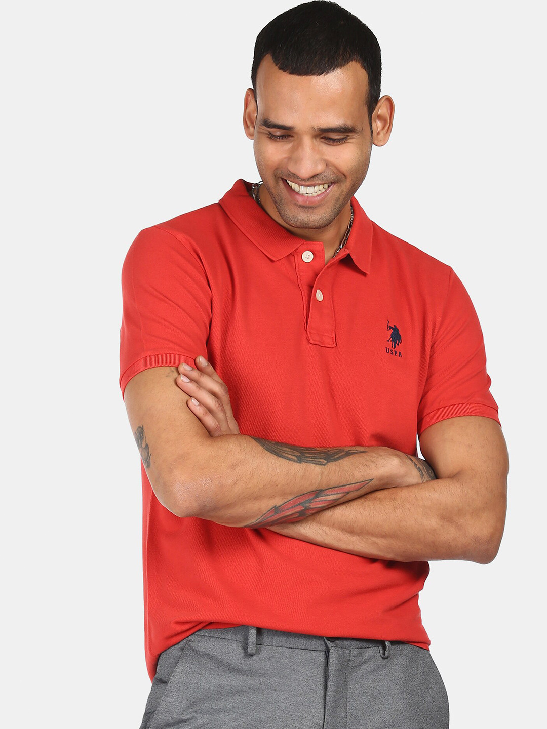 

U S Polo Assn Men Red Polo Collar Pure Cotton T-shirt