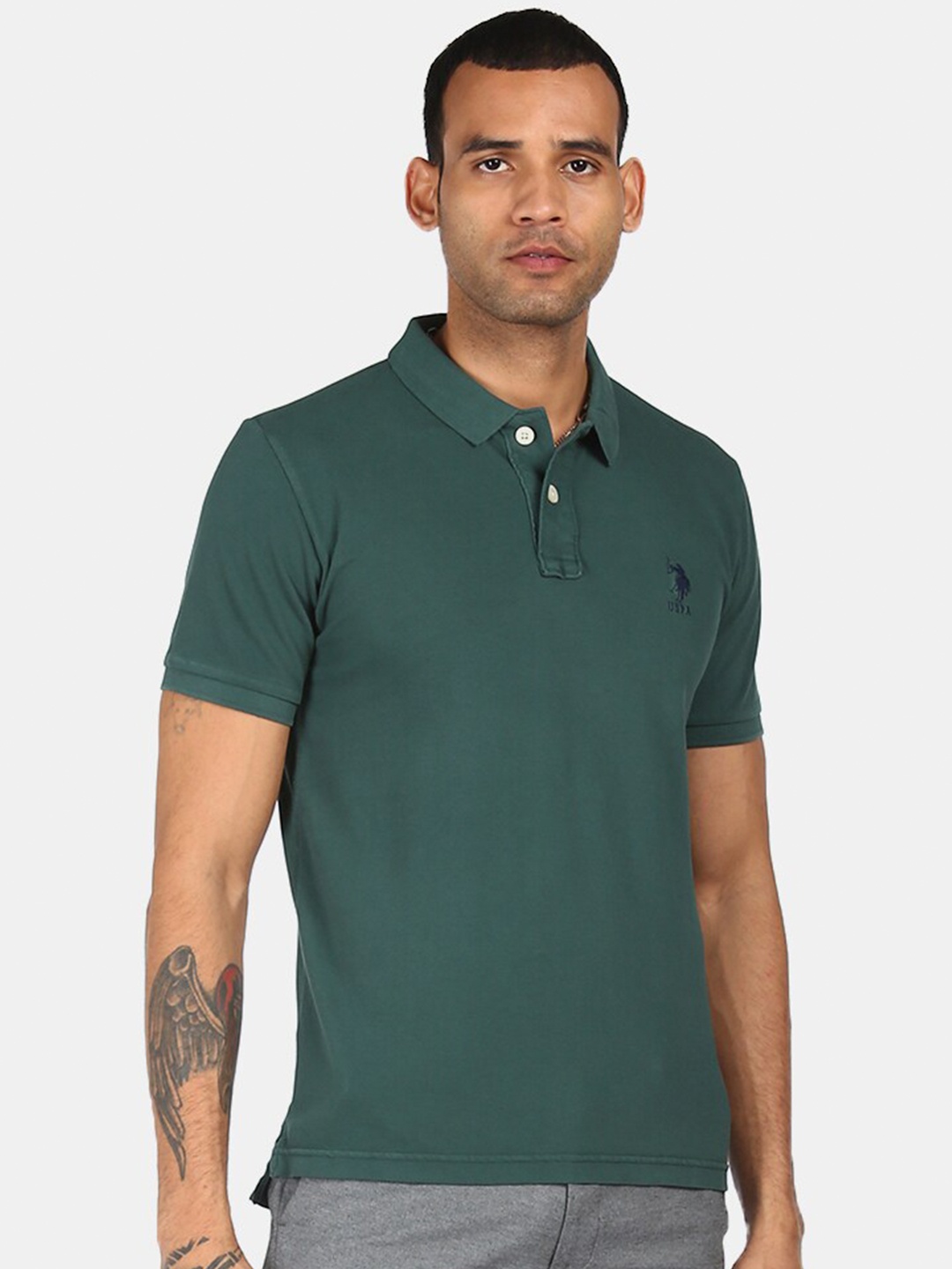 

U S Polo Assn Men Green Polo Collar Pure Cotton T-shirt