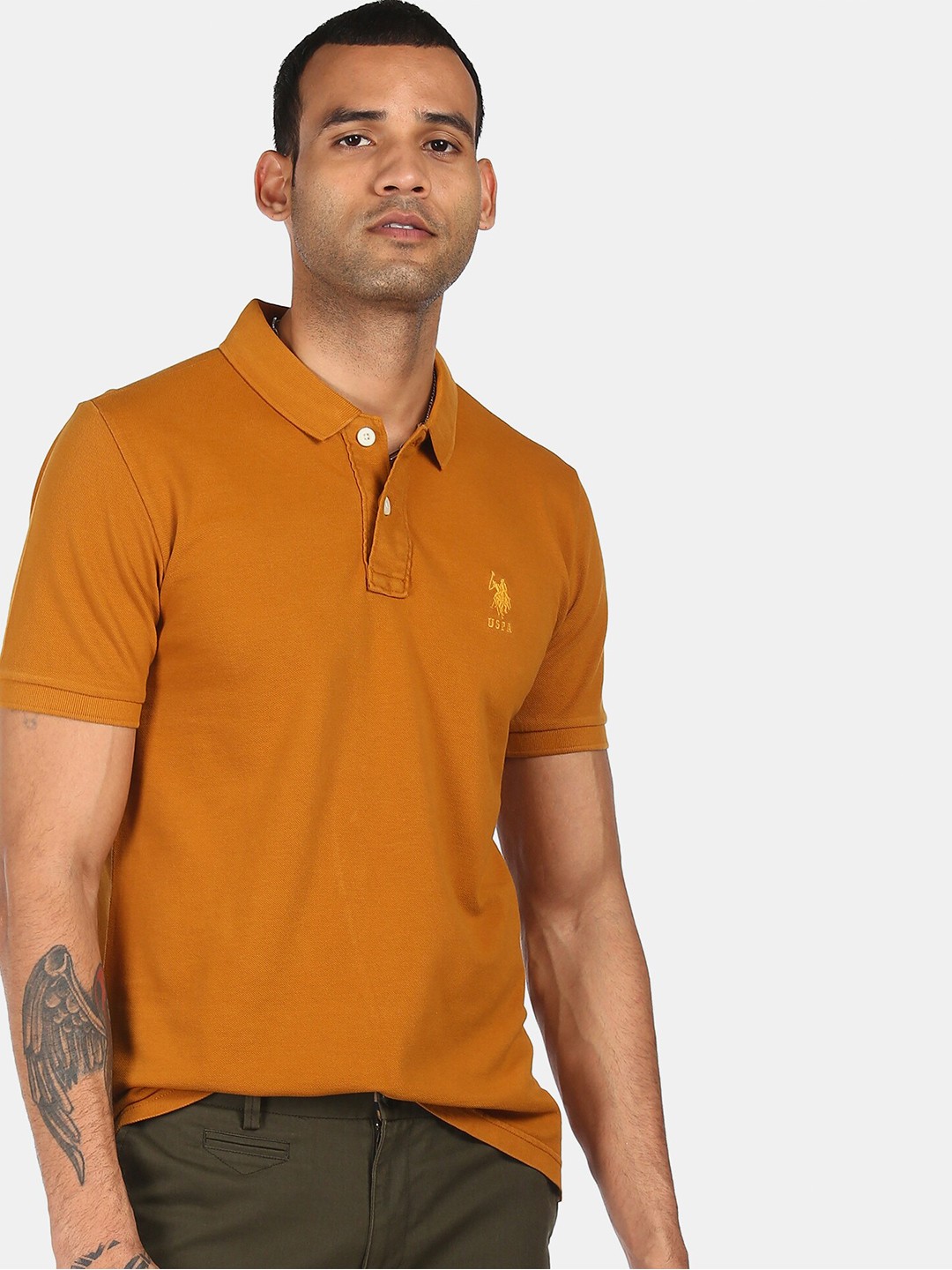 

U S Polo Assn Men Mustard Yellow Polo Collar Pure Cotton T-shirt