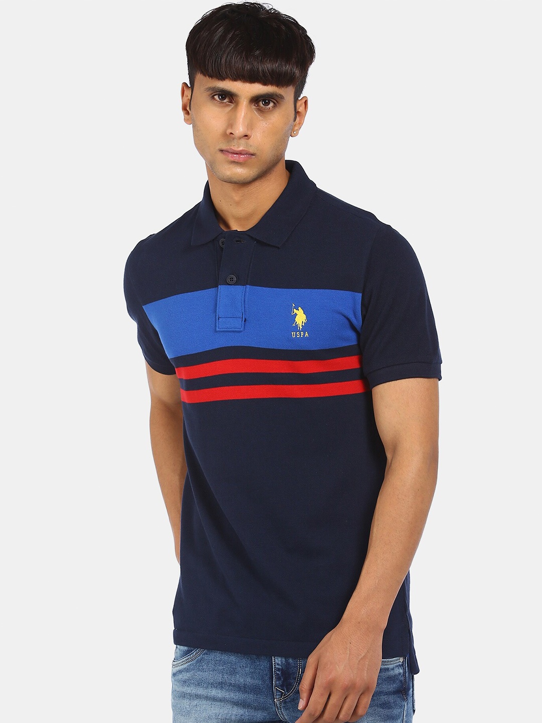 

U S Polo Assn Men Navy Blue Striped Polo Collar Pure Cotton T-shirt