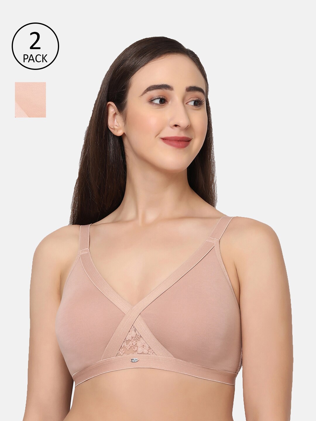 

Soie Women Pack of 2 Beige & Pink Solid Full Coverage Non Padded Bra