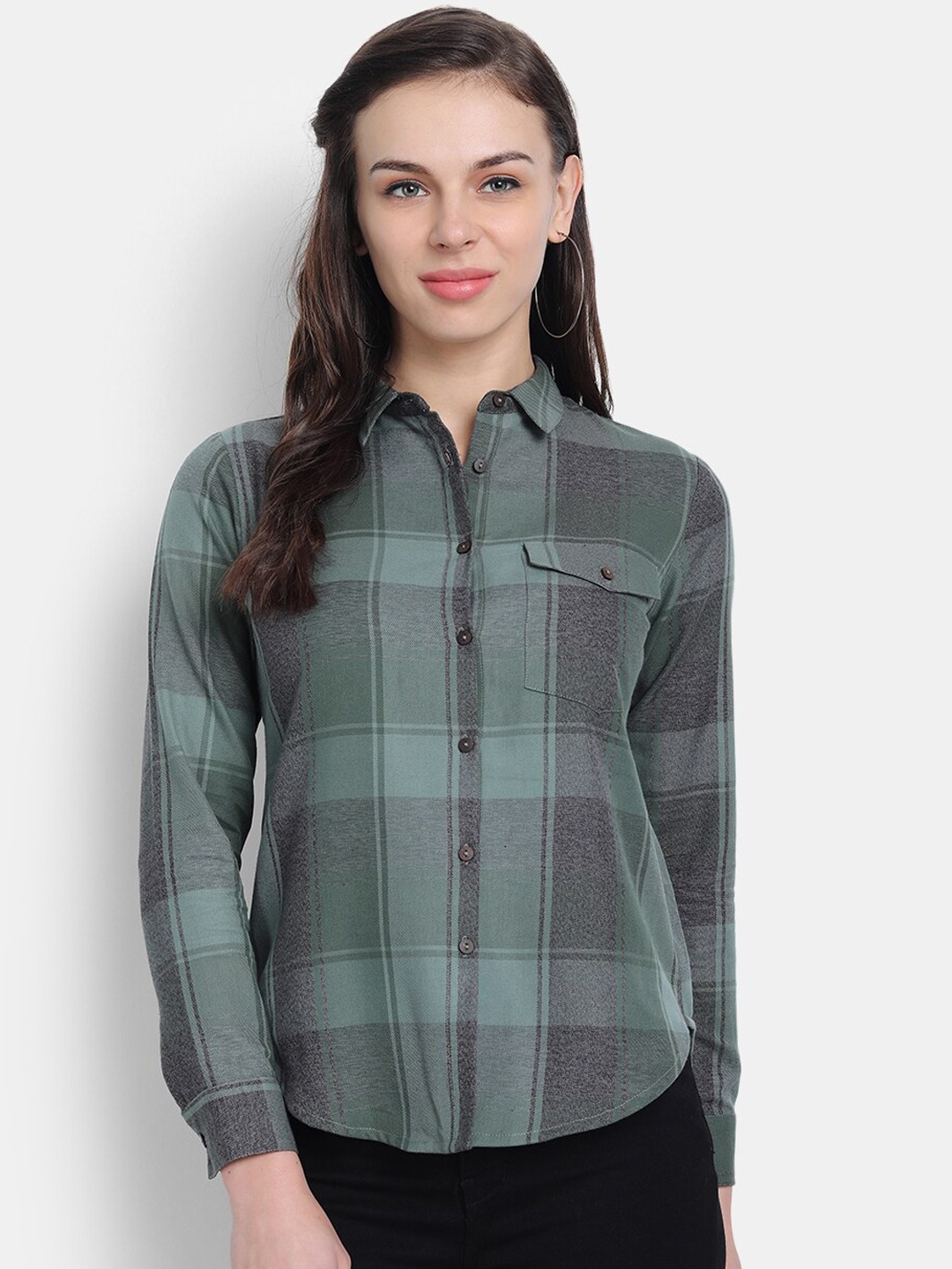 

fabGLOBAL Women Green Checked High-Low Casual Shirt