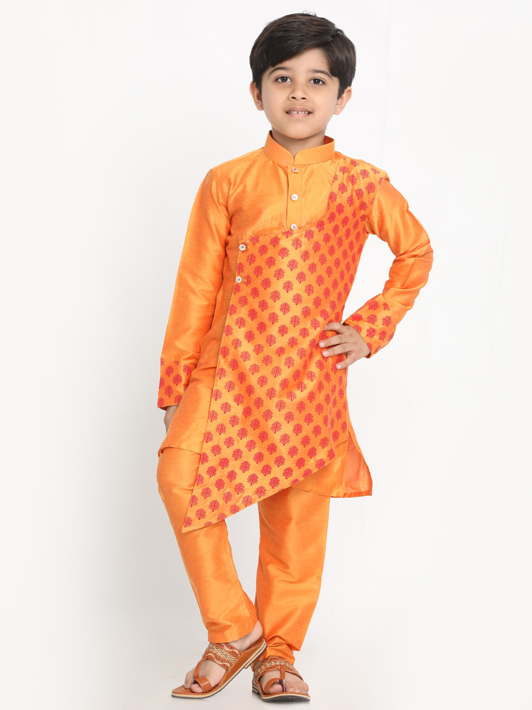 

VASTRAMAY Boys Orange Printed Layered Kurta with Pyjamas