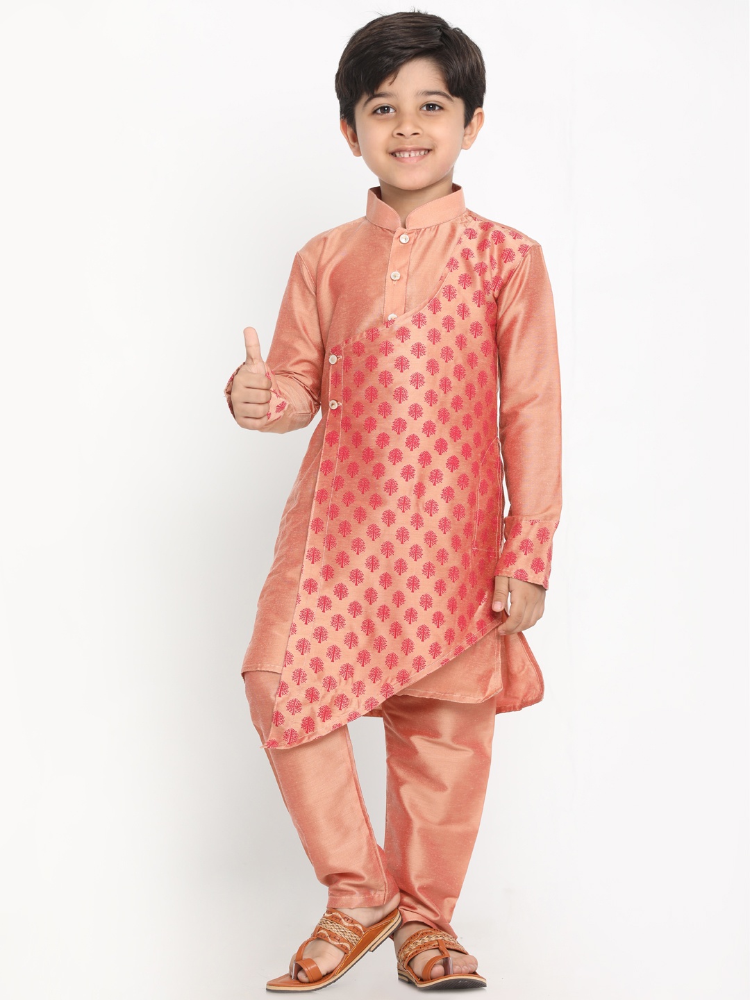 

VASTRAMAY Boys Pink Ethnic Motifs Printed Angrakha Kurta with Pyjamas