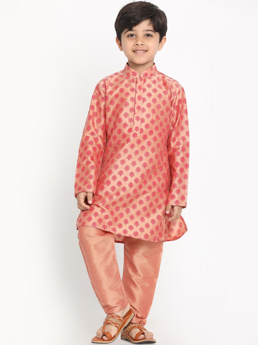 

VASTRAMAY Boys Pink Ethnic Motifs Block Print Regular Kurta With Pyjamas