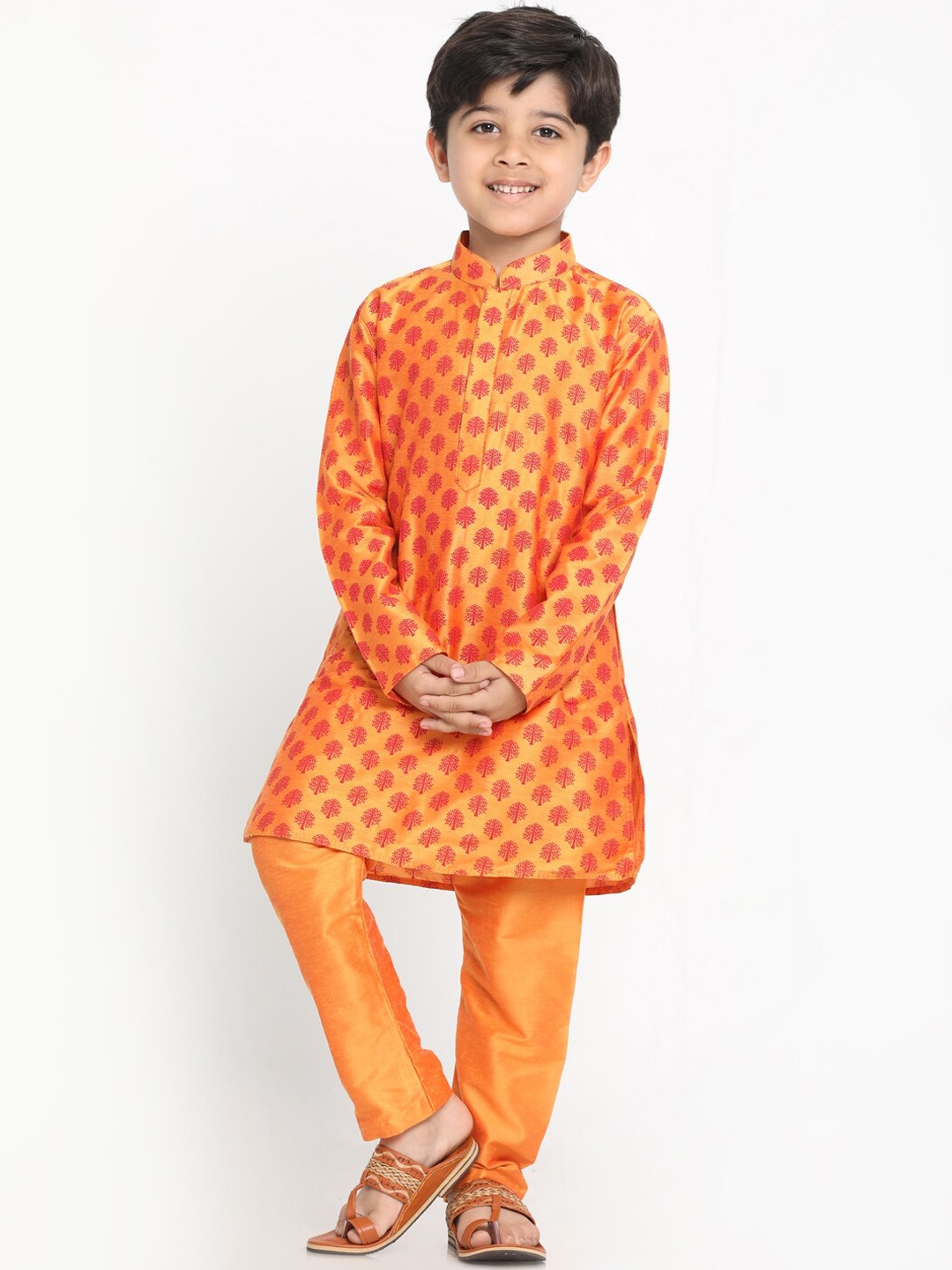 

VASTRAMAY Boys Orange Ethnic Motifs Printed Angrakha Kurti with Pyjamas