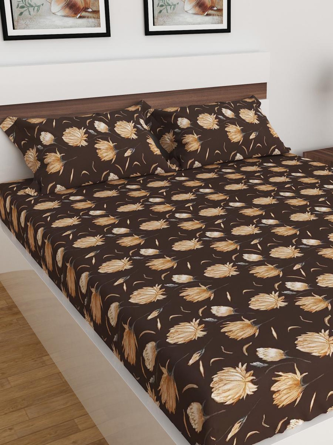 

Home Centre Brown & Beige Floral 3 Queen Bedsheet with Pillow Covers