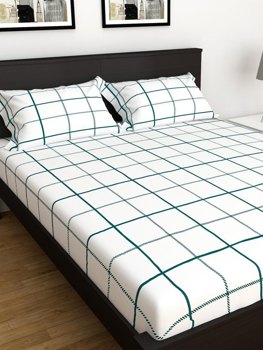 

Home Centre Elements Checked 3-Piece King Size Fitted Bedsheet Set, White