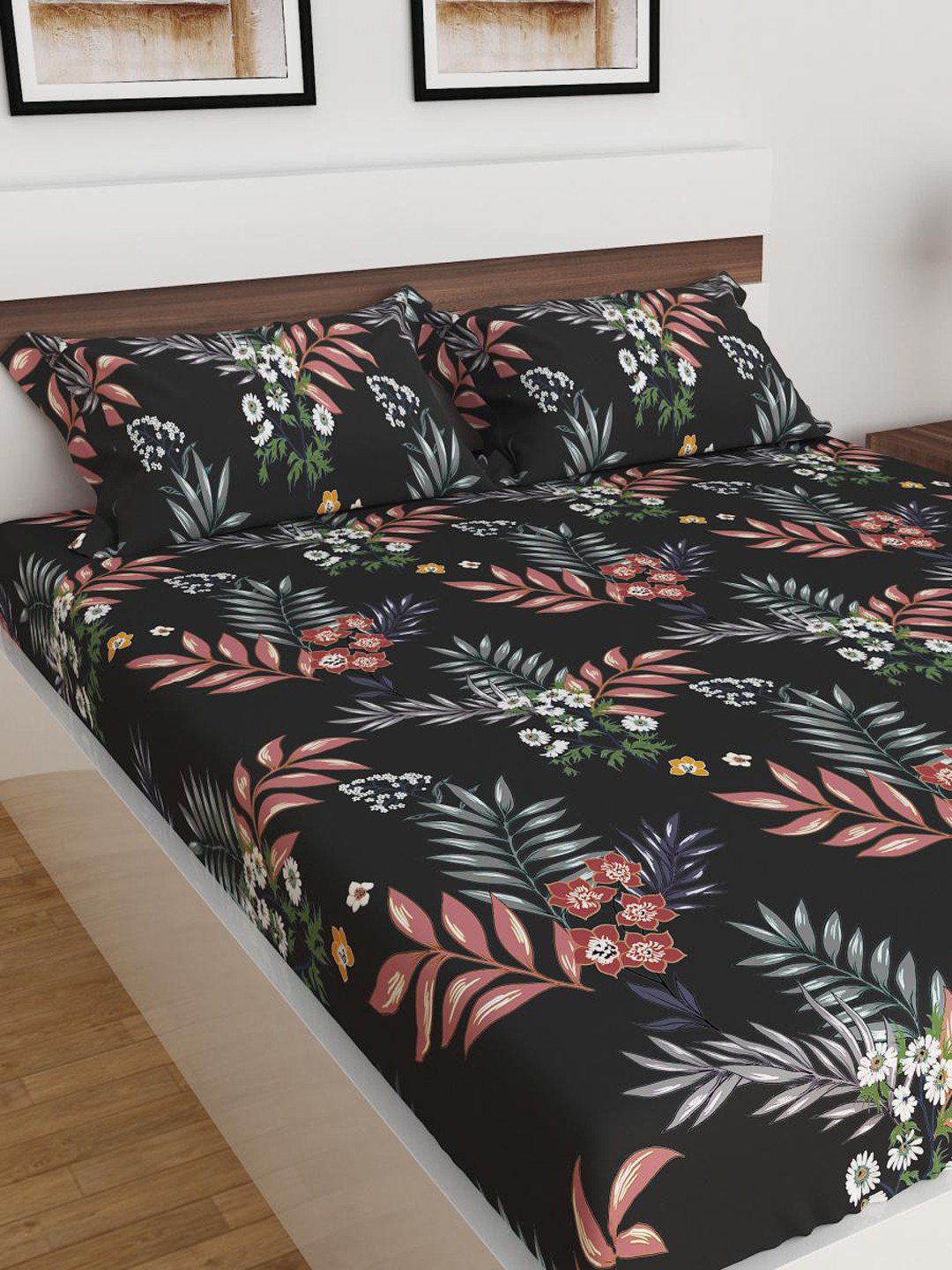 

Home Centre Grey & Pink 400 TC 3 Queen Bedsheet with Pillow Covers, Charcoal