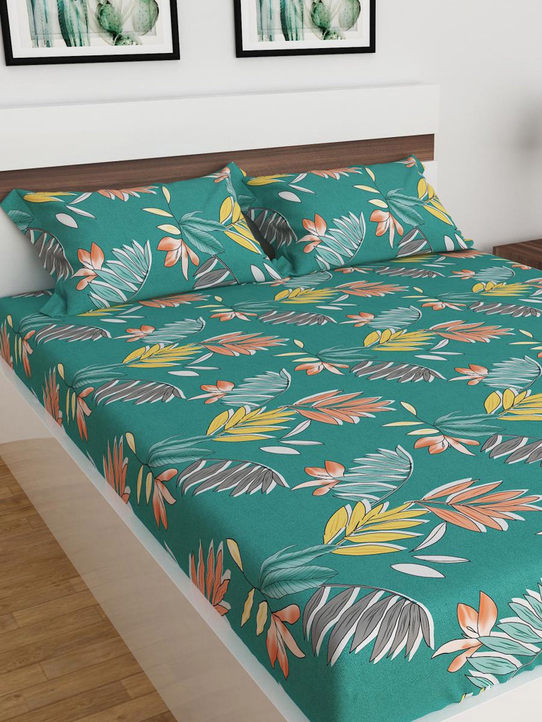 

Home Centre Set Of 3 Pcs Corsica Elegant Teal Printed Microfibre Double Bedsheet, Sea green