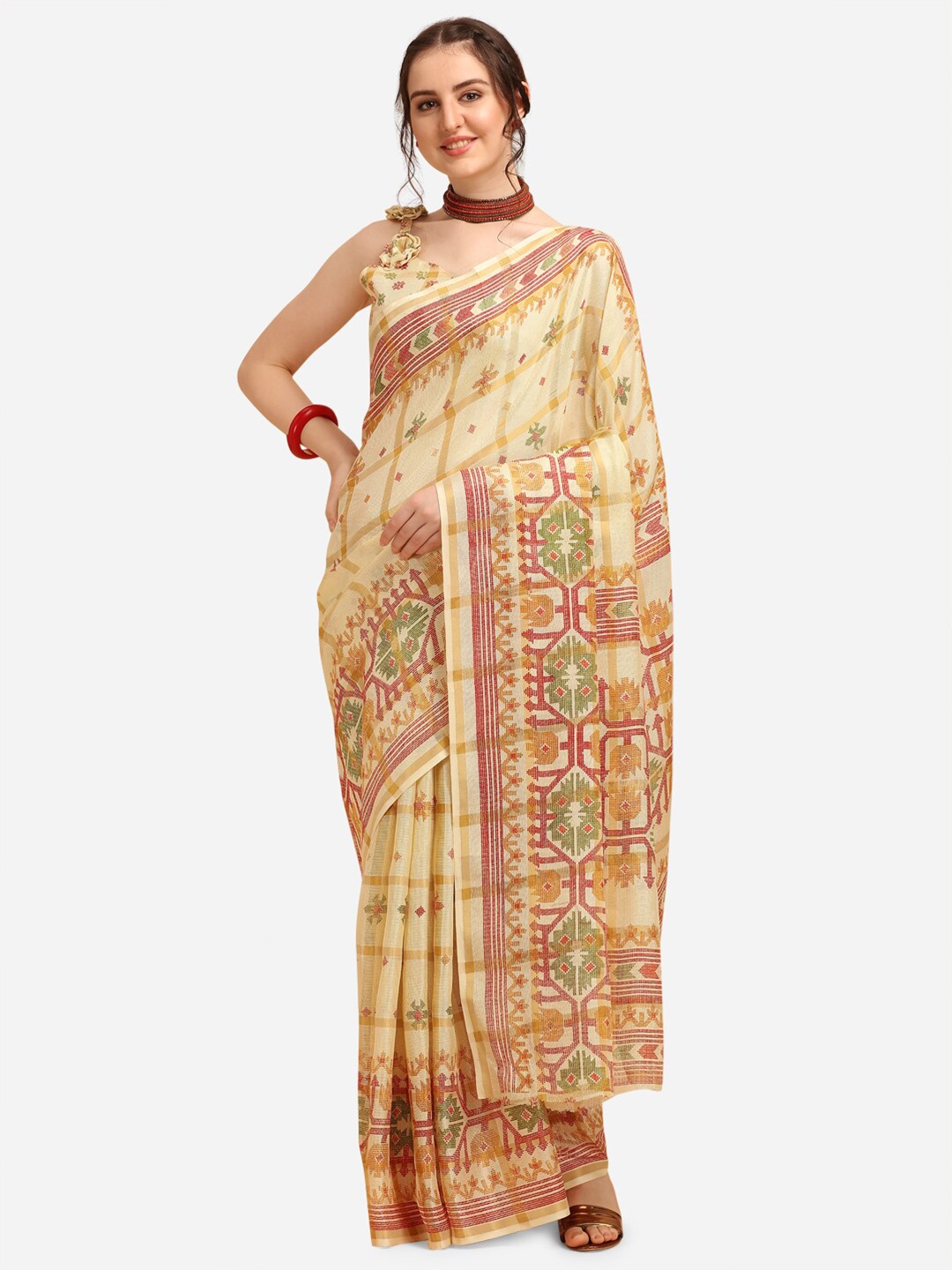 

KALINI Off White & Red Ethnic Motifs Fusion Kota Saree