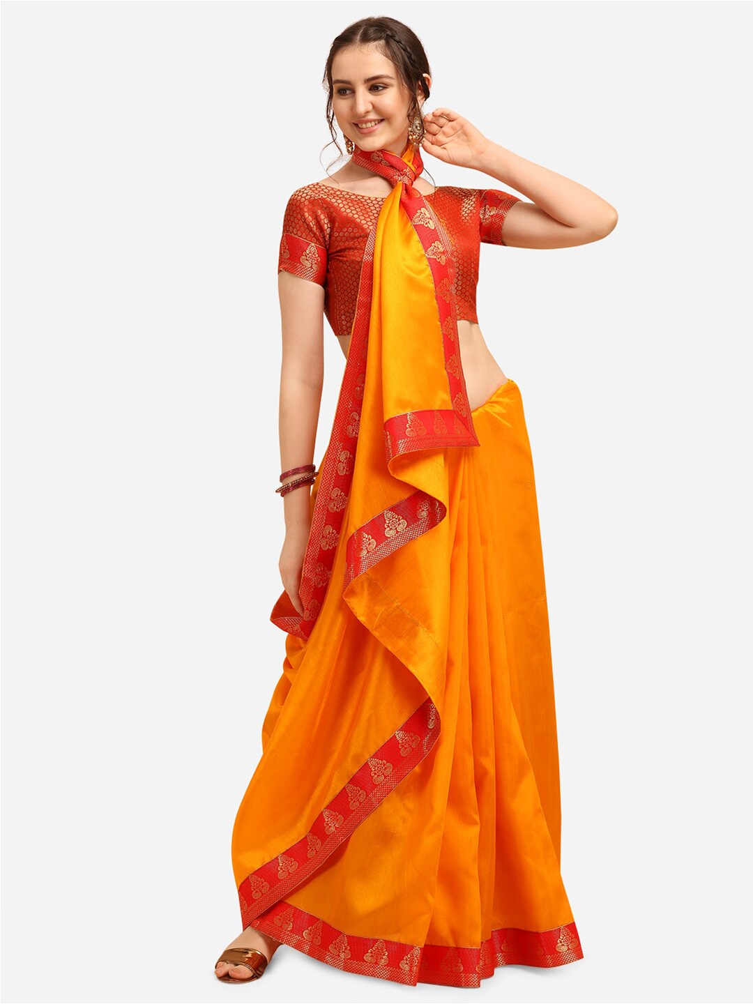 

KALINI Orange & Red Silk Blend Fusion Saree