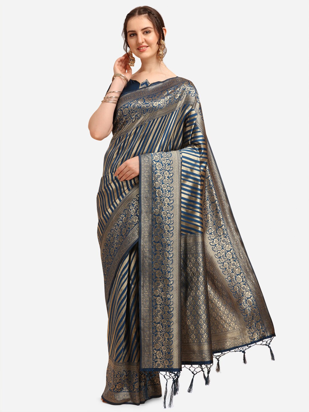 

KALINI Navy Blue & Gold-Toned Striped Silk Blend Fusion Leheriya Saree