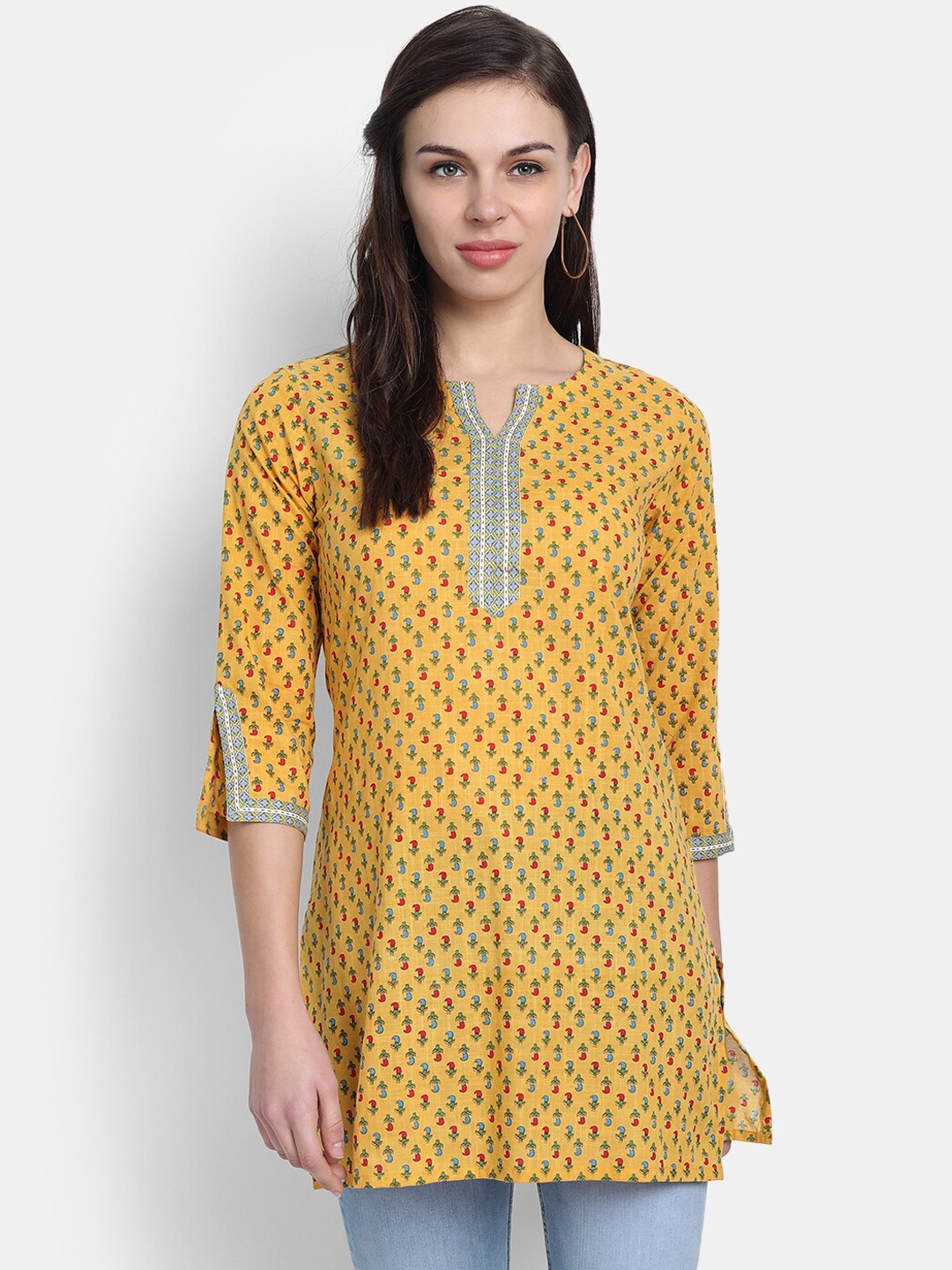 

fabGLOBAL Women Yellow & Red Printed Short Kurta