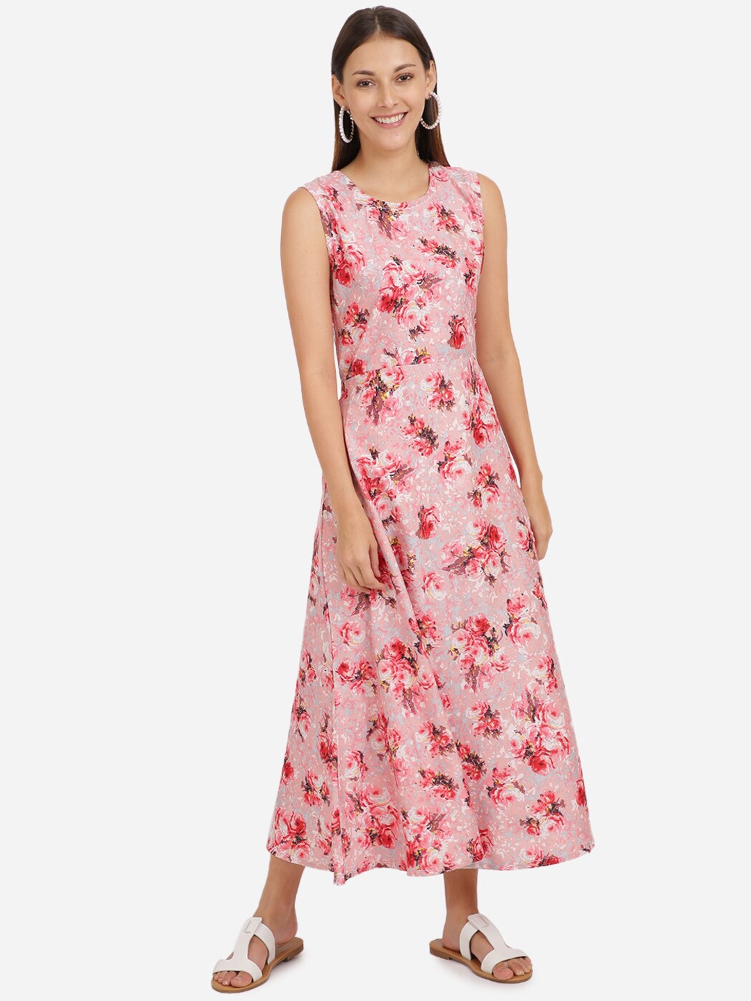 

LEWAWAA Pink & Red Floral Printed Crepe Midi Fit & Flare Dress