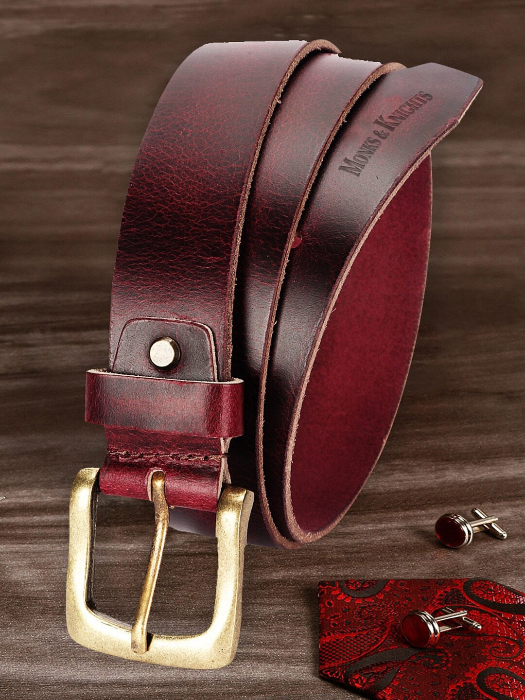 

MONKS & KNIGHTS Men Red Textured Leather Belt