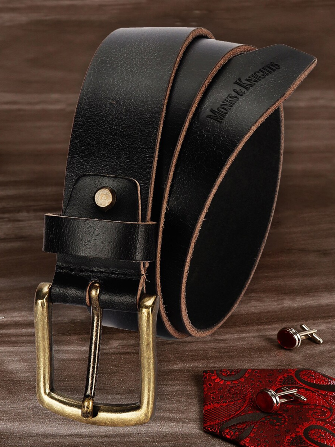 

MONKS & KNIGHTS Men Black Textured Leather Belt