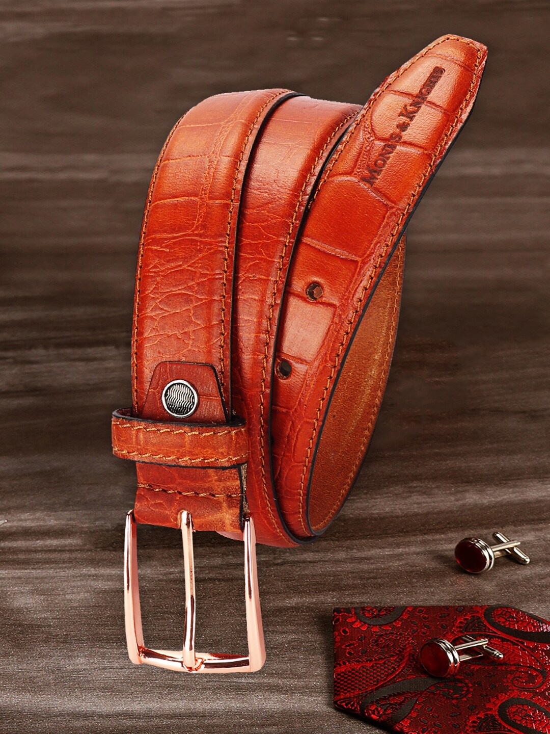 

MONKS & KNIGHTS Men Brown Textured Leather Belt