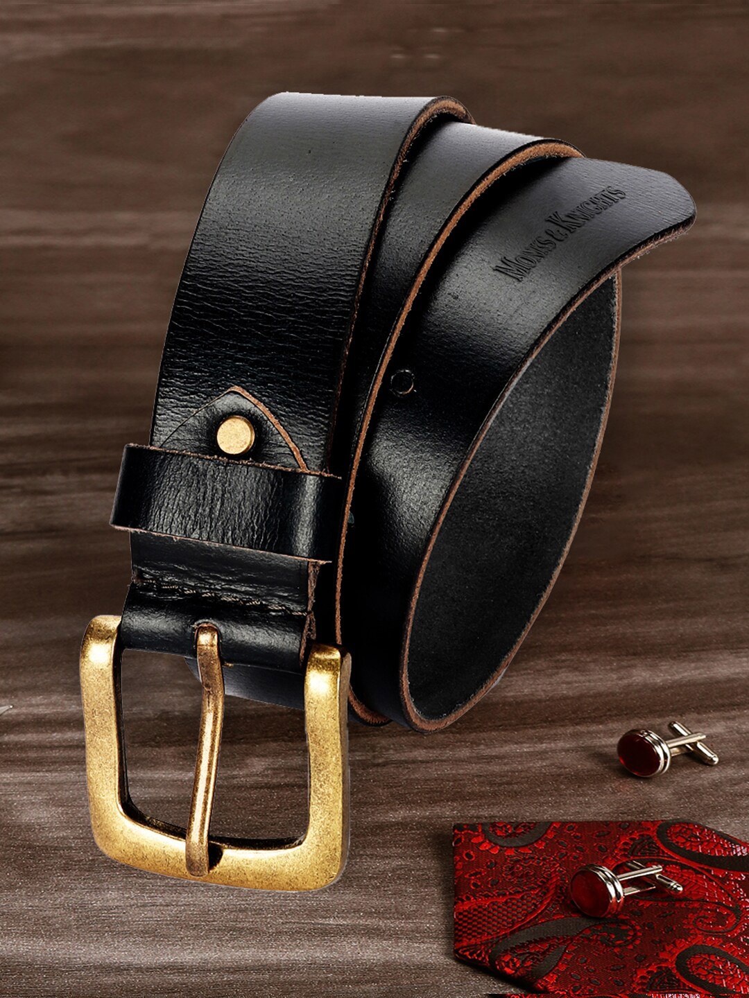 

MONKS & KNIGHTS Men Black Textured Leather Belt