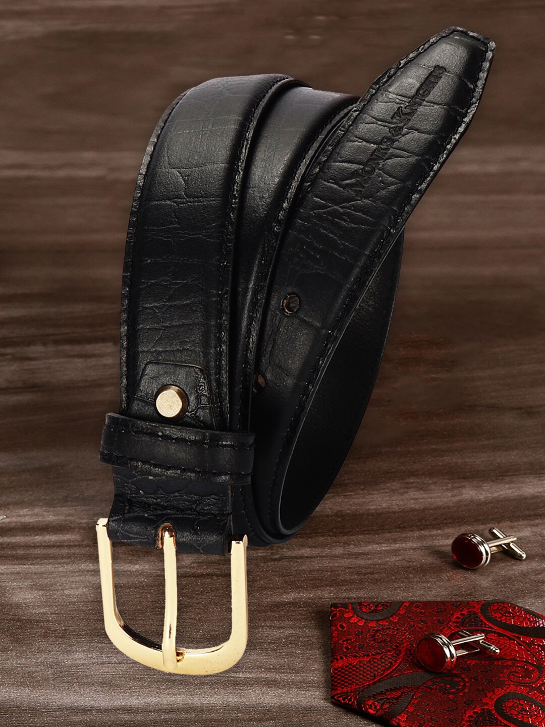 

MONKS & KNIGHTS Men Black Textured Leather Belt