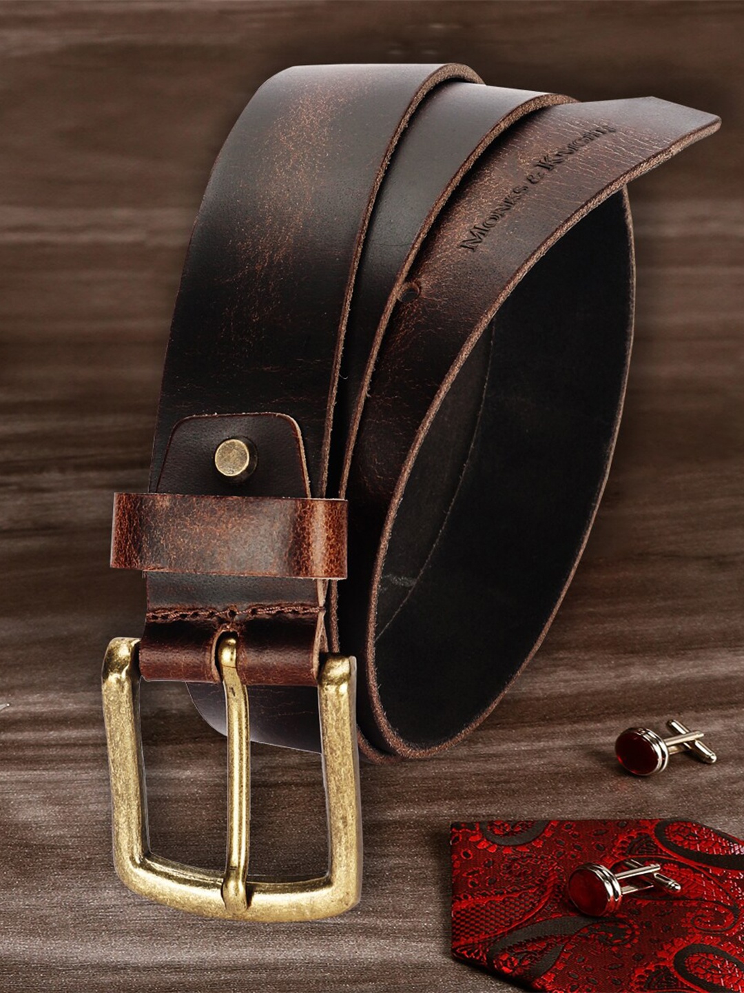 

MONKS & KNIGHTS Men Brown Textured Leather Belt