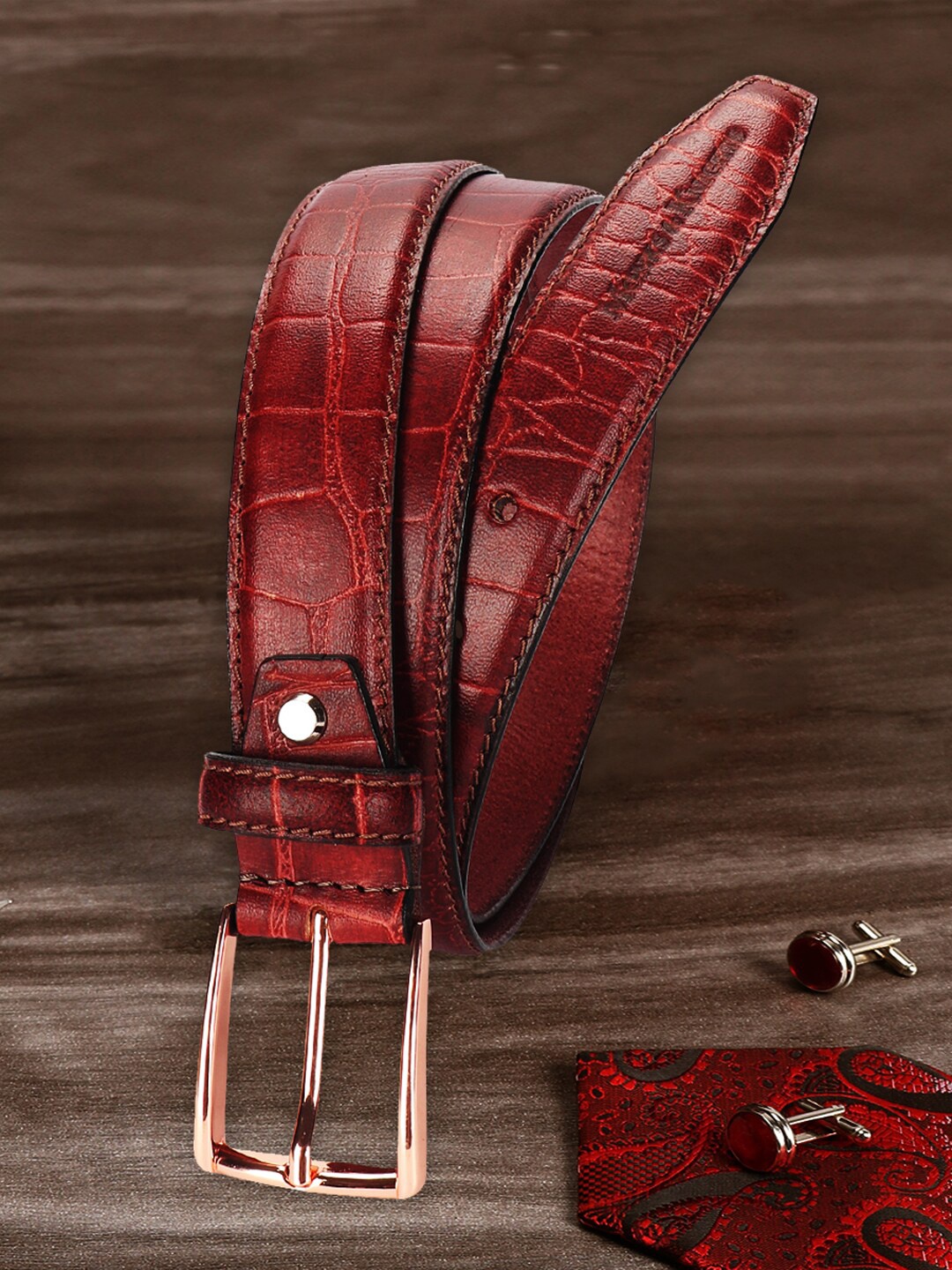 

MONKS & KNIGHTS Men Red Textured Leather Belt