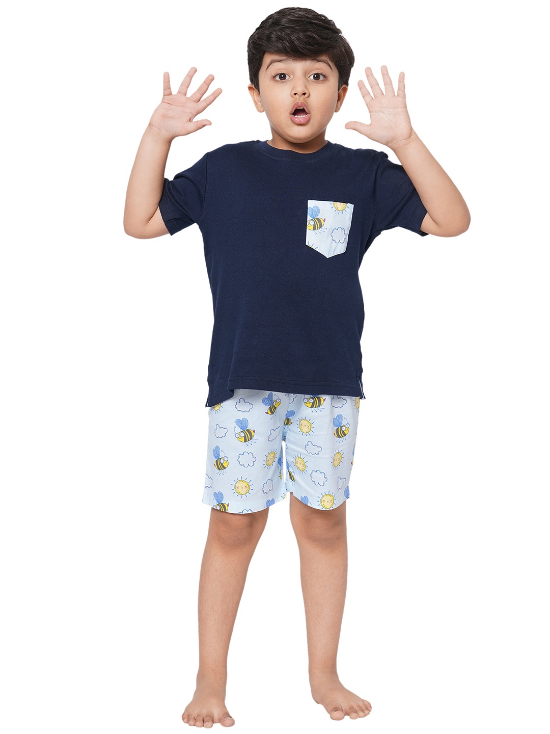 

CASA DE NEE NEE Unisex Kids Navy Blue Printed T-Shirt & Shorts Set