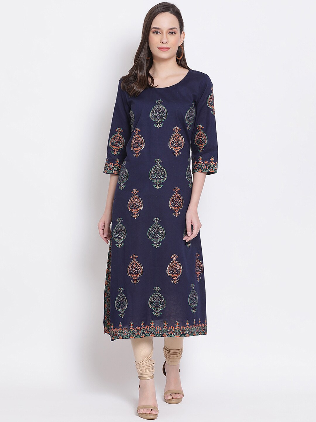 

Varkha Fashion Women Navy Blue Ethnic Motifs Printed Flared Sleeves Mirror Work Kurta