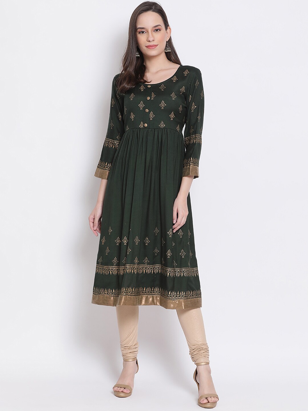 

Varkha Fashion Women Green & dark charcoal Ethnic Motifs Printed Anarkali Kurta